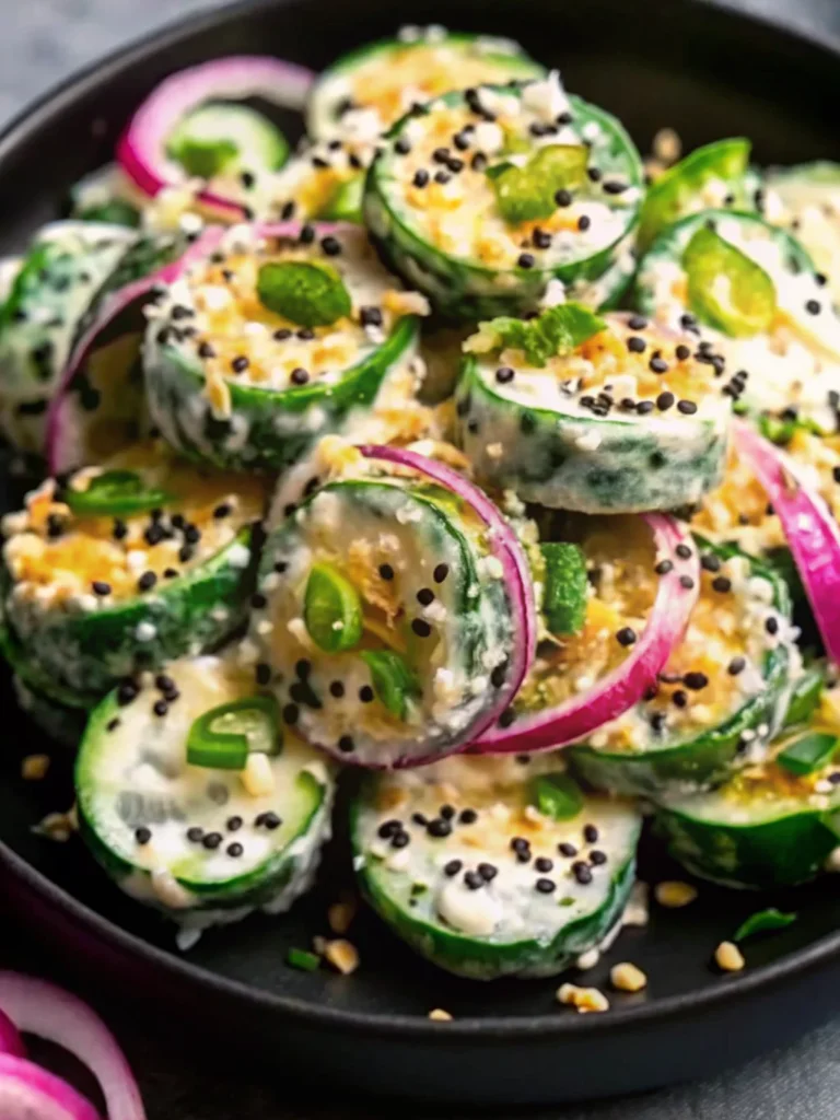 A vibrant plate of jalapeno popper cucumber salad featuring crisp cucumber slices topped with creamy herb cheese, diced jalapenos, red onions, and sesame seeds for a spicy, refreshing no-cook side dish.