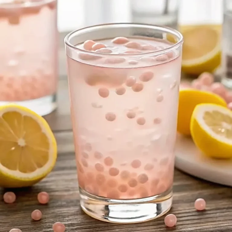 Glass of Japanese pink salt diet drink with lemon and pink salt pearls, refreshing detox beverage for hydration and wellness.