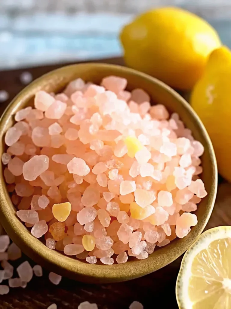 Glass of Japanese pink salt diet drink with lemon and pink salt pearls, refreshing detox beverage for hydration and wellness.