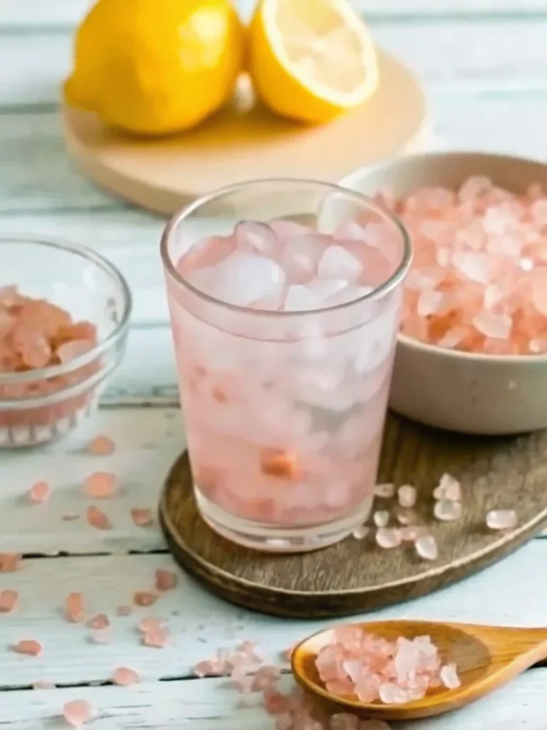 Glass of Japanese pink salt diet drink with lemon and pink salt pearls, refreshing detox beverage for hydration and wellness.
