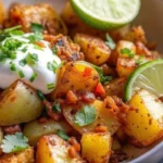 Crispy golden Mexican potatoes garnished with fresh cilantro, sour cream, and lime wedges in a white bowl - perfect summer mexican recipes side dish