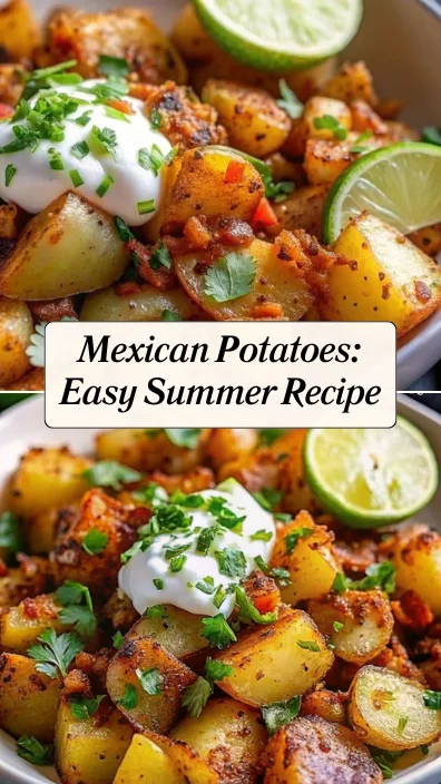 Crispy golden Mexican potatoes garnished with fresh cilantro, sour cream, and lime wedges in a white bowl - perfect summer mexican recipes side dish