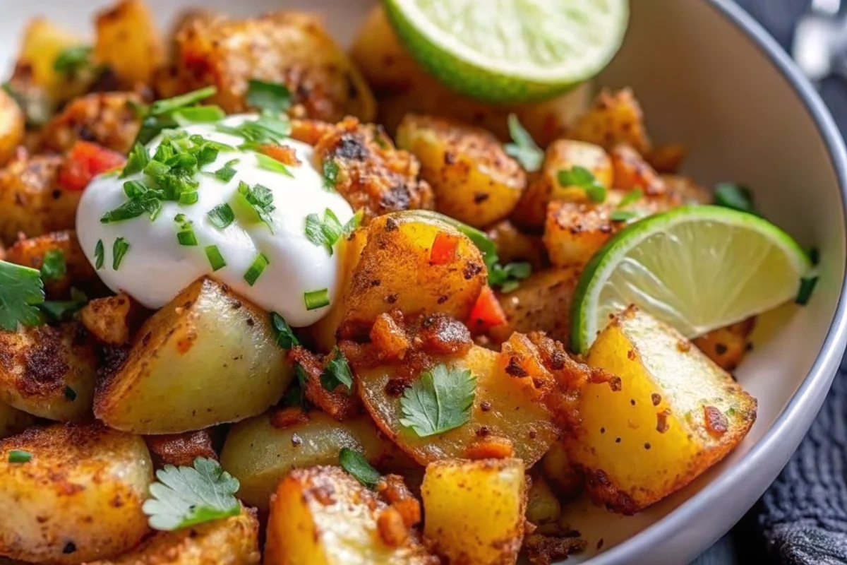 Crispy golden Mexican potatoes garnished with fresh cilantro, sour cream, and lime wedges in a white bowl - perfect summer mexican recipes side dish