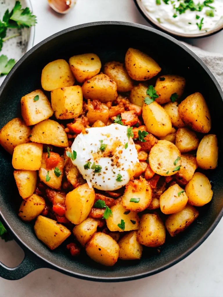 Crispy golden Mexican potatoes garnished with fresh cilantro, sour cream, and lime wedges in a white bowl - perfect summer mexican recipes side dish