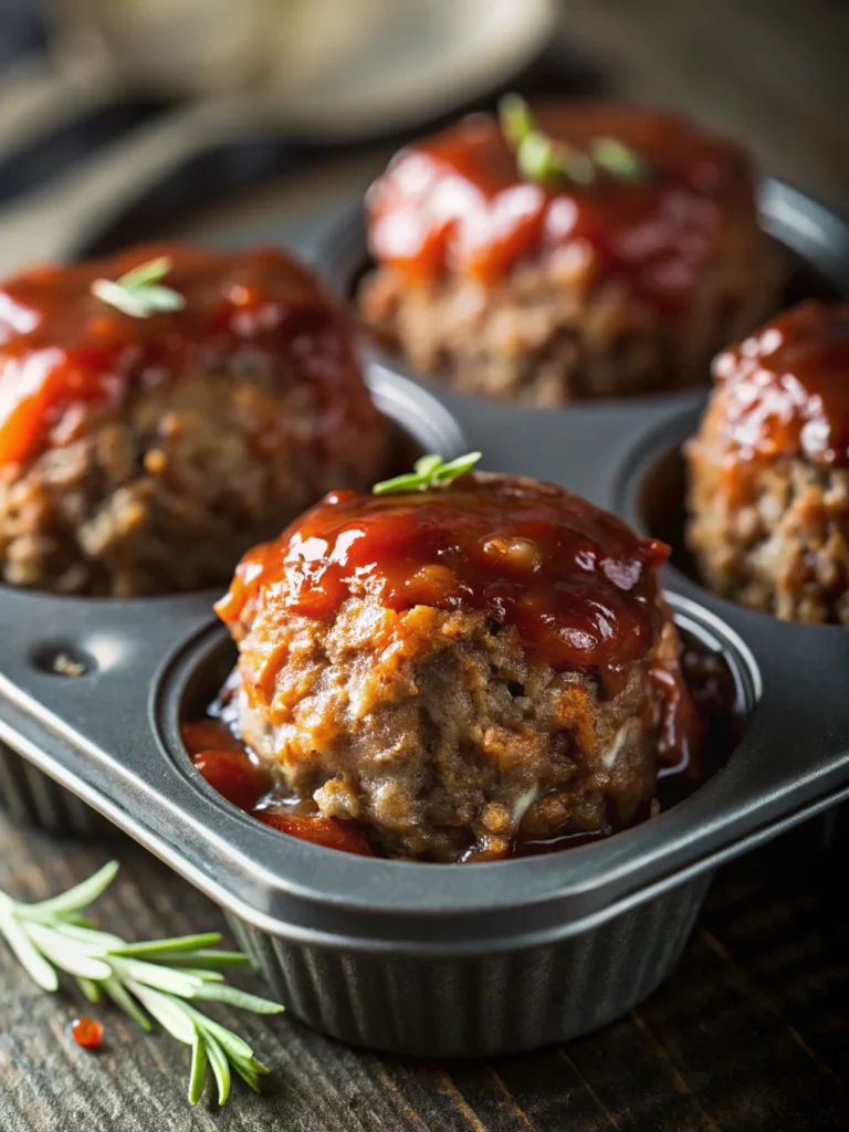 Mini meatloaf muffins glazed with ketchup in a muffin tin, highlighting an easy mini loaf pan recipe for perfectly portioned servings.