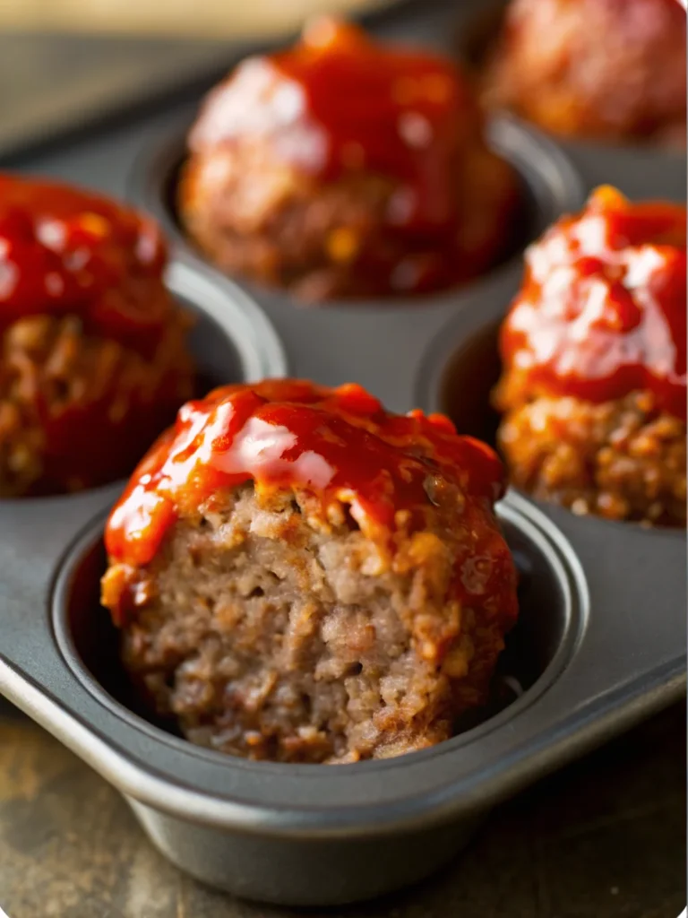 Mini meatloaf muffins glazed with ketchup in a muffin tin, highlighting an easy mini loaf pan recipe for perfectly portioned servings.