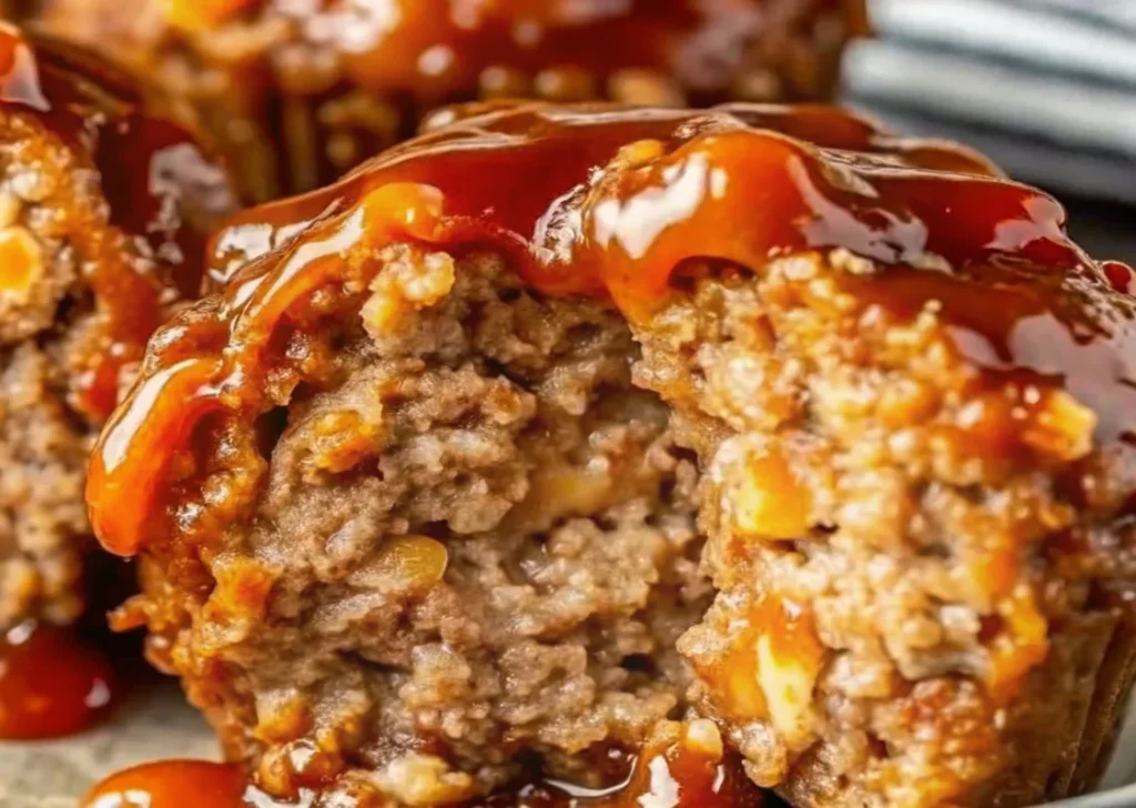Mini meatloaf muffins glazed with ketchup in a muffin tin, highlighting an easy mini loaf pan recipe for perfectly portioned servings.