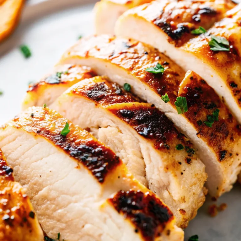 Sliced oven roasted chicken breastrecipes boneless with a golden, crispy crust, garnished with fresh parsley.