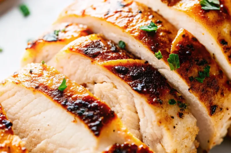 Sliced oven roasted chicken breastrecipes boneless with a golden, crispy crust, garnished with fresh parsley.