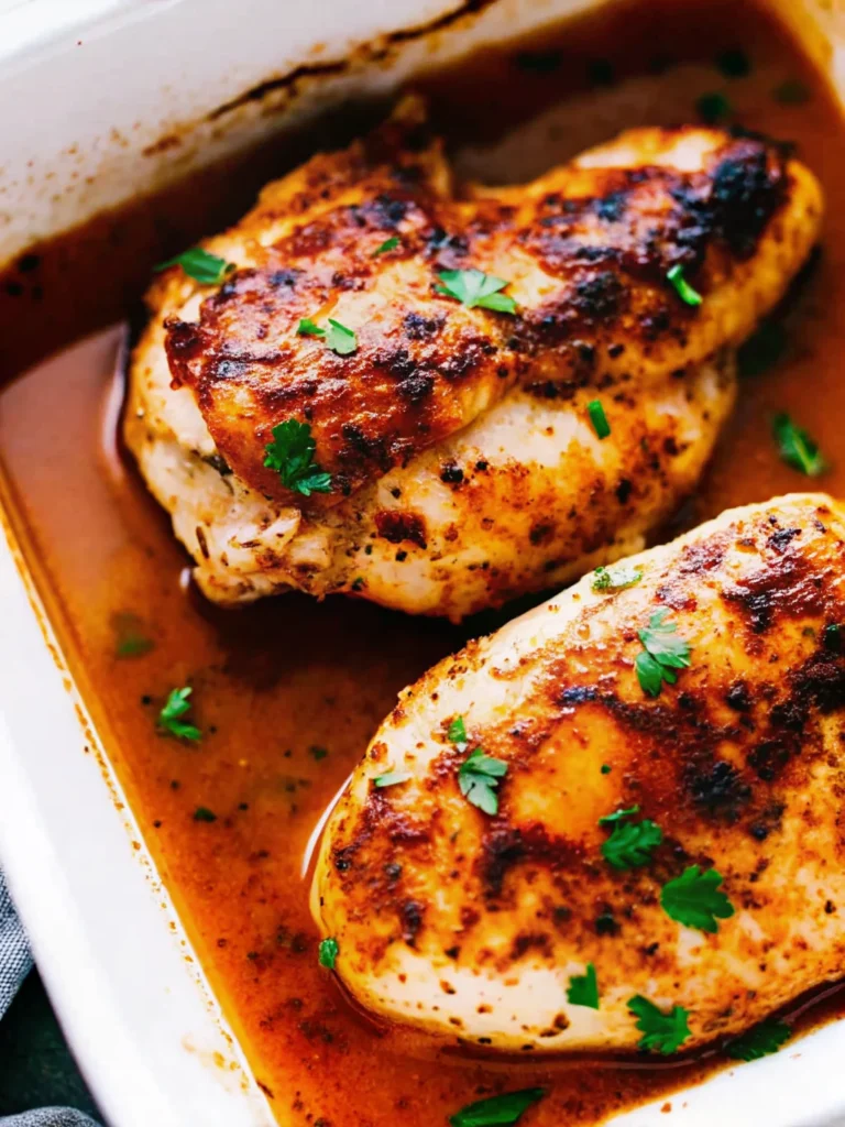 Sliced oven roasted chicken breastrecipes boneless with a golden, crispy crust, garnished with fresh parsley.