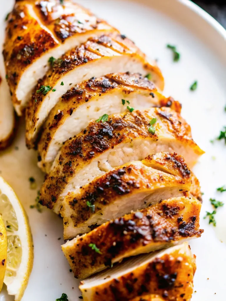 Sliced oven roasted chicken breastrecipes boneless with a golden, crispy crust, garnished with fresh parsley.