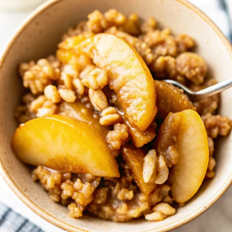 Close-up of a homemade peach crisp with tender peach slices and a golden oat topping in a bowl