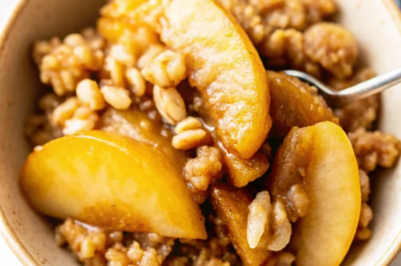 Close-up of a homemade peach crisp with tender peach slices and a golden oat topping in a bowl
