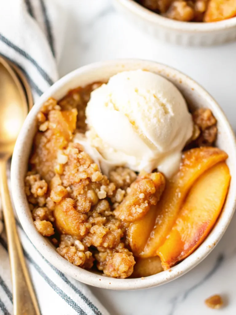 Close-up of a homemade peach crisp with tender peach slices and a golden oat topping in a bowl