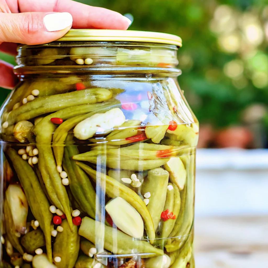 Homemade pickled okra recipe in glass jar with spices and garlic cloves