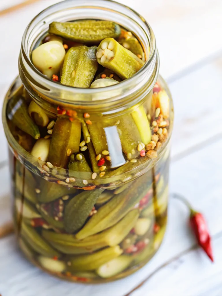 Homemade pickled okra recipe in glass jar with spices and garlic cloves