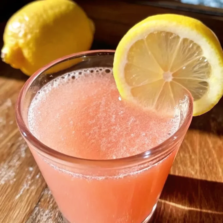 Glass of pink salt weight loss drink garnished with a lemon slice on a wooden surface with a fresh lemon in the background.