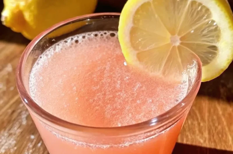 Glass of pink salt weight loss drink garnished with a lemon slice on a wooden surface with a fresh lemon in the background.