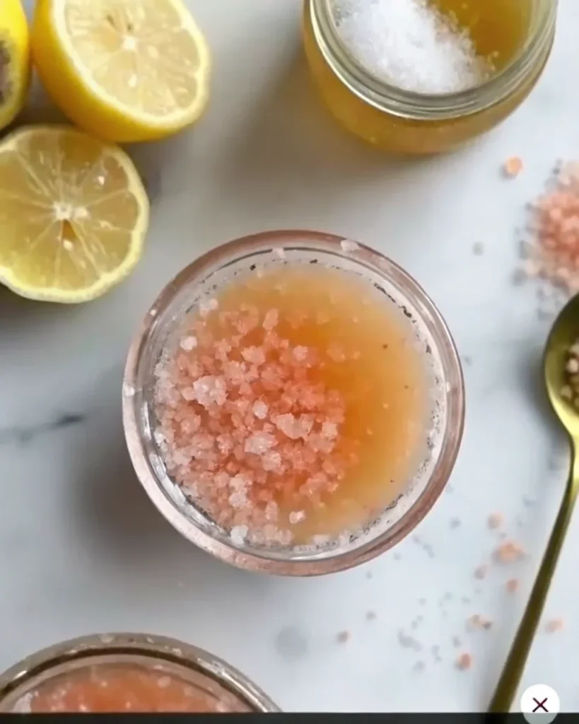 Glass of pink salt weight loss drink garnished with a lemon slice on a wooden surface with a fresh lemon in the background.