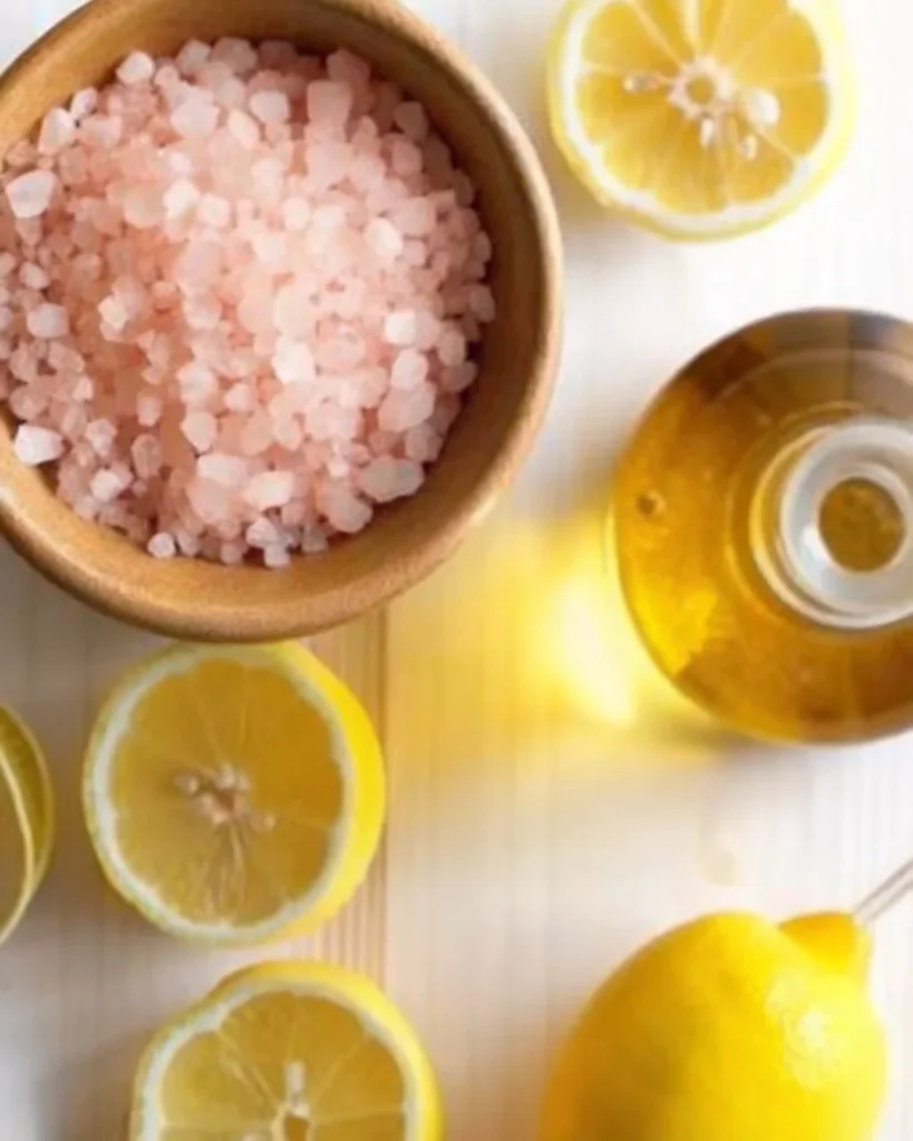 Glass of pink salt weight loss drink garnished with a lemon slice on a wooden surface with a fresh lemon in the background.