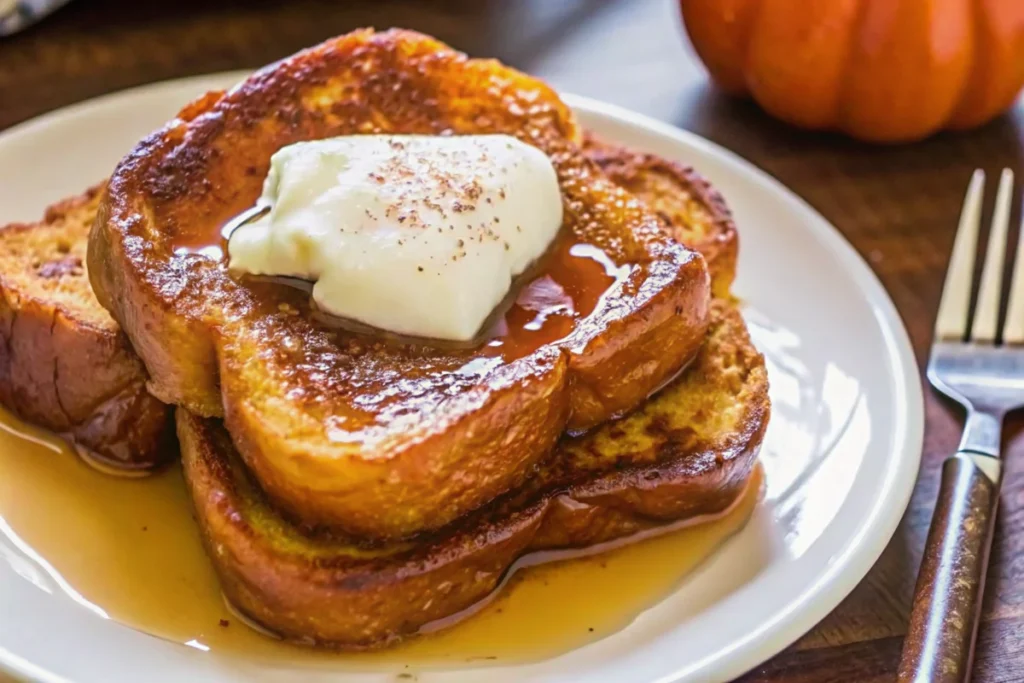 Pumpkin French toast topped with whipped cream and maple syrup on a white plate, perfect for a fall breakfast.