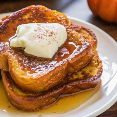 Pumpkin French toast topped with whipped cream and maple syrup on a white plate, perfect for a fall breakfast.