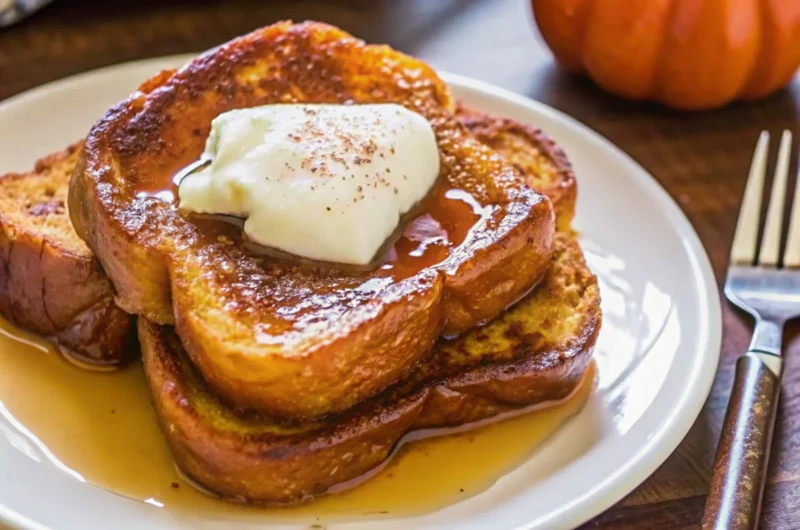 Pumpkin French toast topped with whipped cream and maple syrup on a white plate, perfect for a fall breakfast.