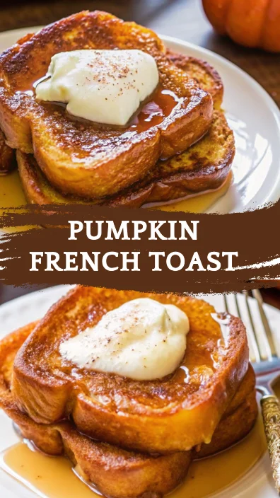Pumpkin French toast topped with whipped cream and maple syrup on a white plate, perfect for a fall breakfast.
