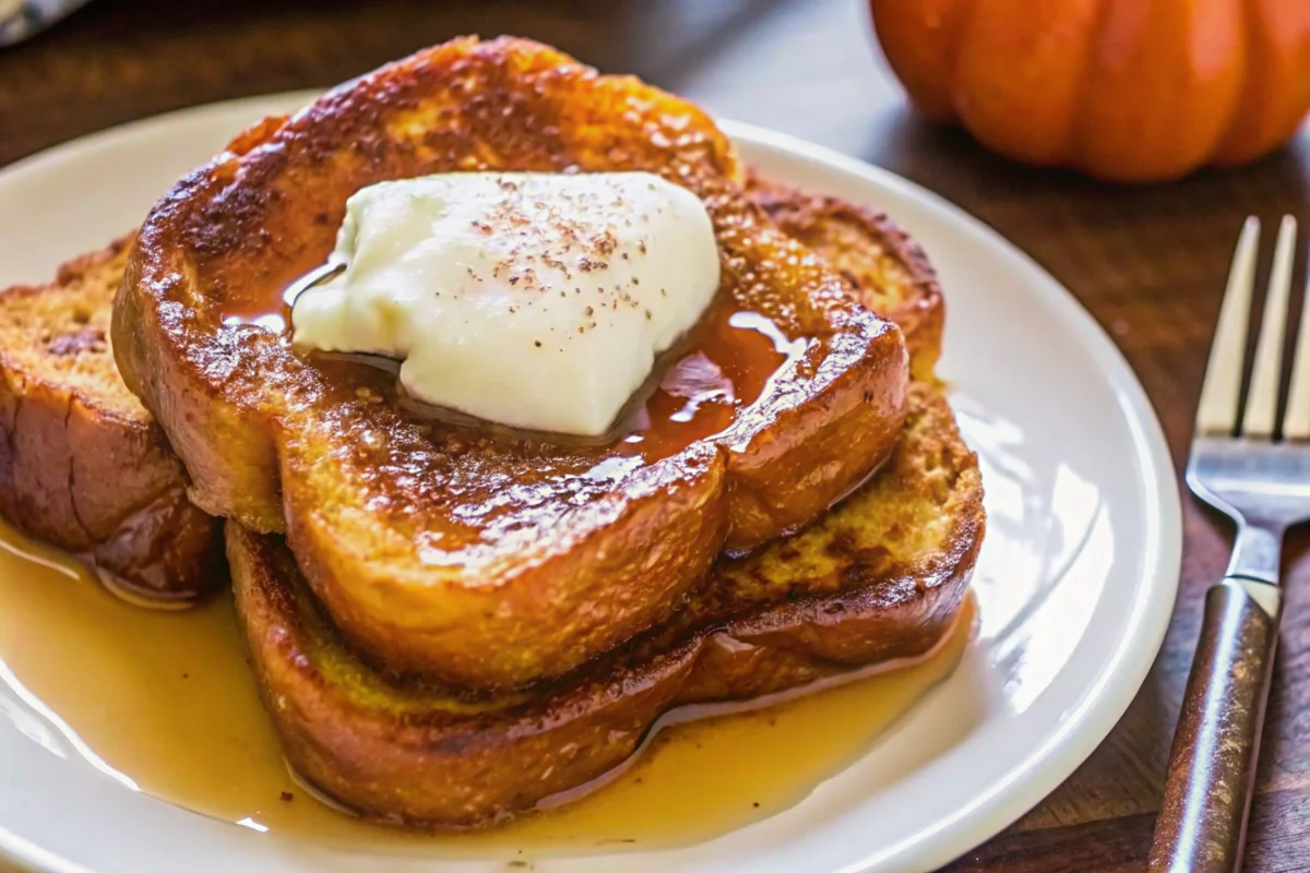 Pumpkin French toast topped with whipped cream and maple syrup on a white plate, perfect for a fall breakfast.