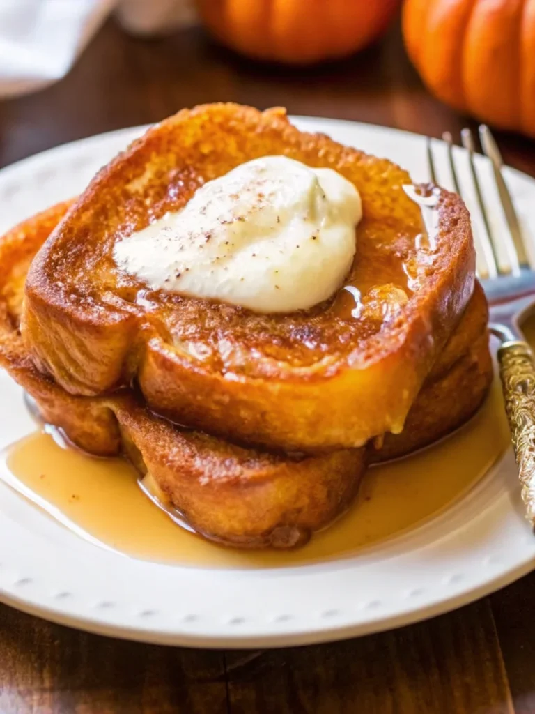 Pumpkin French toast topped with whipped cream and maple syrup on a white plate, perfect for a fall breakfast.