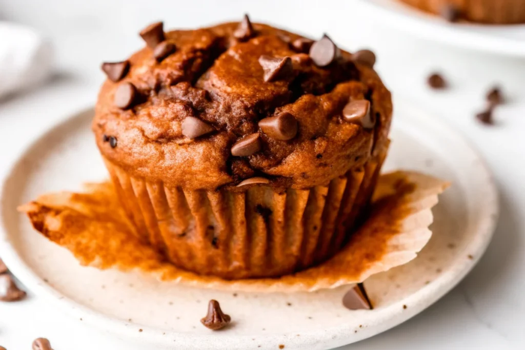 Close-up of a moist pumpkin protein muffin topped with chocolate chips on a ceramic plate.