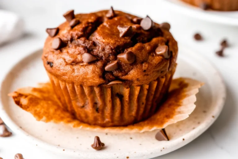 Close-up of a moist pumpkin protein muffin topped with chocolate chips on a ceramic plate.
