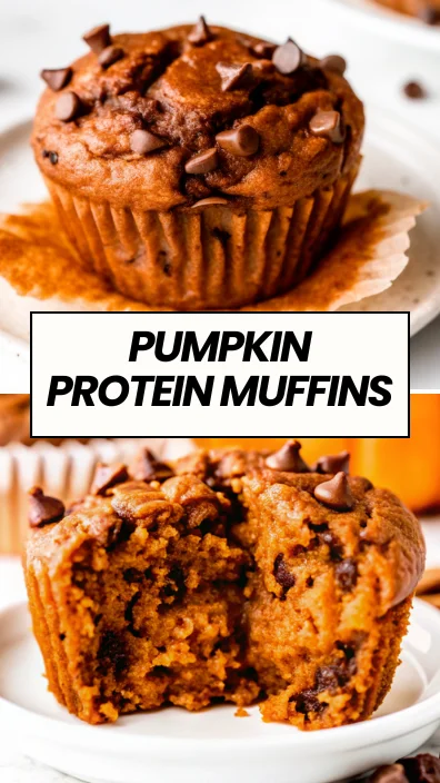Close-up of a moist pumpkin protein muffin topped with chocolate chips on a ceramic plate.