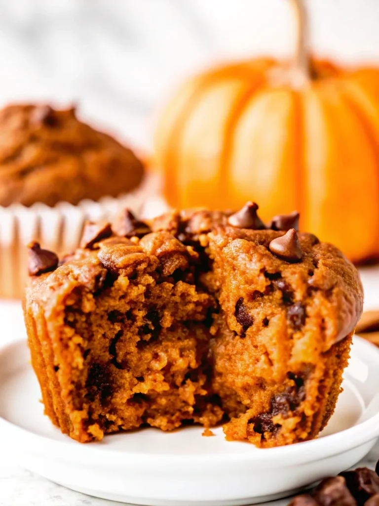 Close-up of a moist pumpkin protein muffin topped with chocolate chips on a ceramic plate.