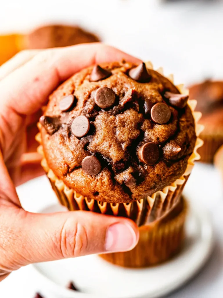 Close-up of a moist pumpkin protein muffin topped with chocolate chips on a ceramic plate.