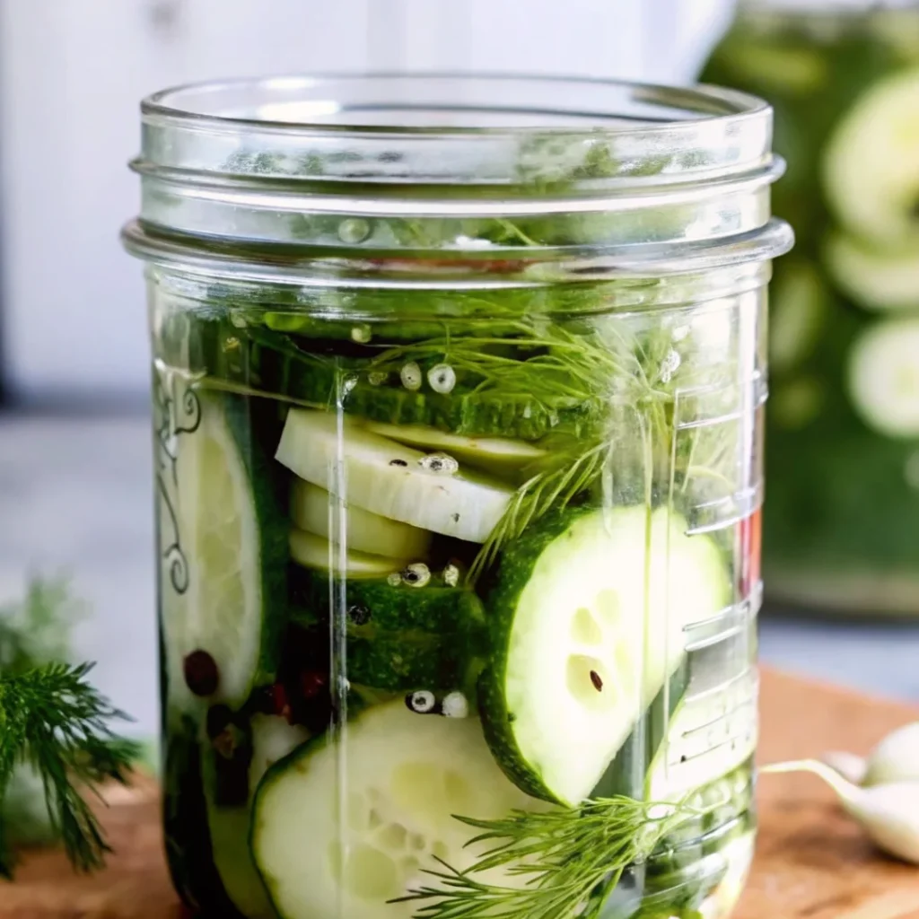 A close-up of a glass jar filled with freshly made refrigerator pickles, featuring sliced cucumbers, fresh dill sprigs, garlic cloves, and spices in a tangy brine—perfect for an easy dill pickles recipe.