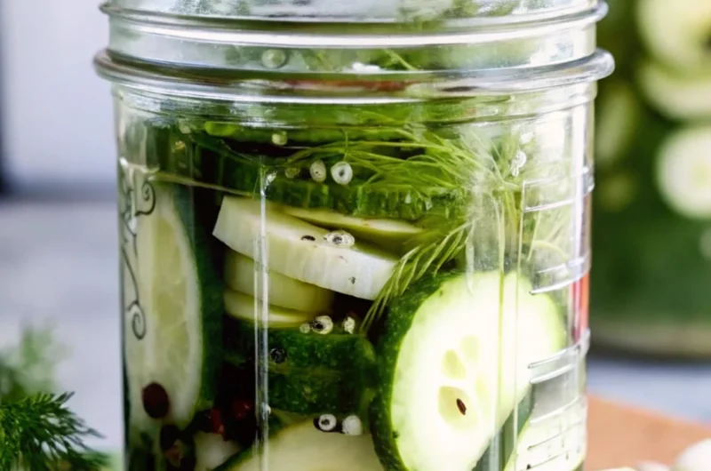 A close-up of a glass jar filled with freshly made refrigerator pickles, featuring sliced cucumbers, fresh dill sprigs, garlic cloves, and spices in a tangy brine—perfect for an easy dill pickles recipe.