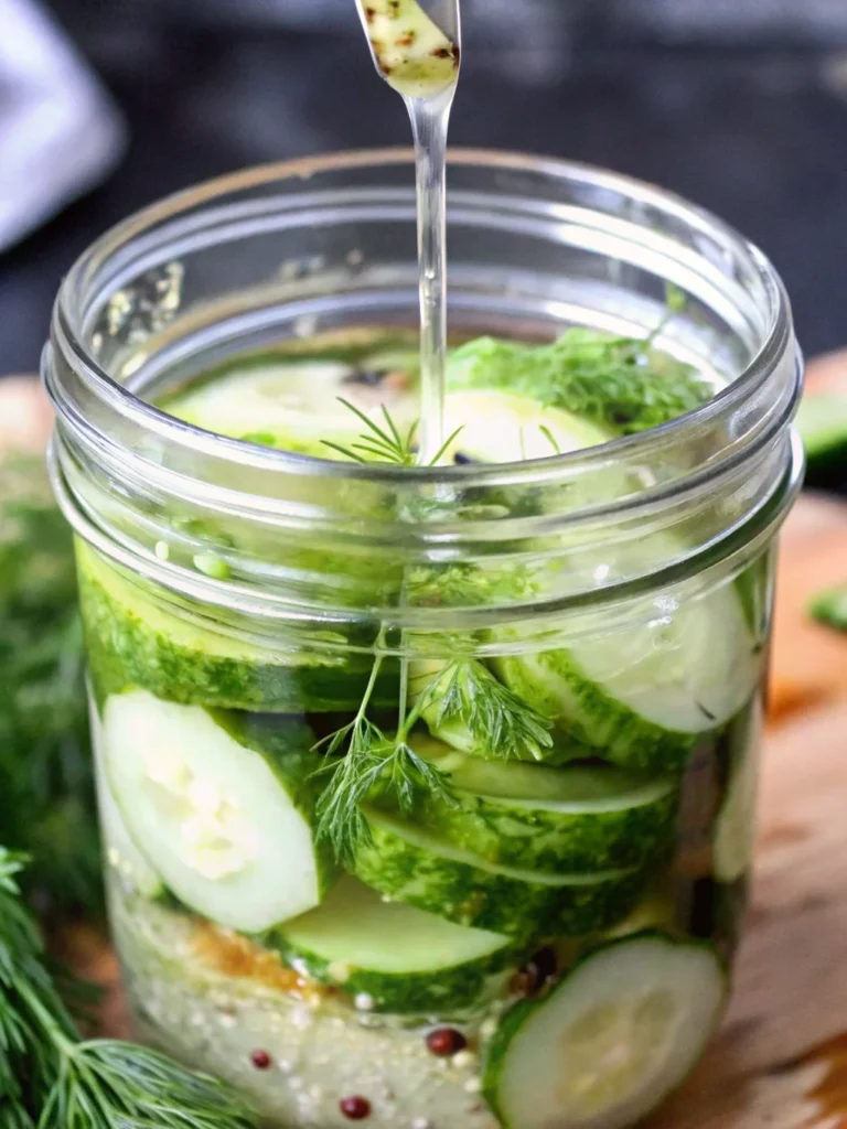 A close-up of a glass jar filled with freshly made refrigerator pickles, featuring sliced cucumbers, fresh dill sprigs, garlic cloves, and spices in a tangy brine—perfect for an easy dill pickles recipe.