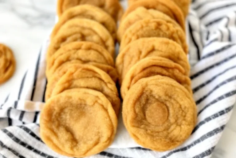 Golden pumpkin snickerdoodle cookies shaped into crispy cones arranged on striped kitchen towel, showcasing fall spiced cookie technique