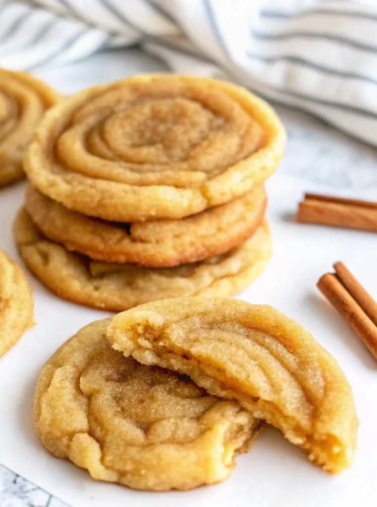 Golden pumpkin snickerdoodle cookies shaped into crispy cones arranged on striped kitchen towel, showcasing fall spiced cookie technique