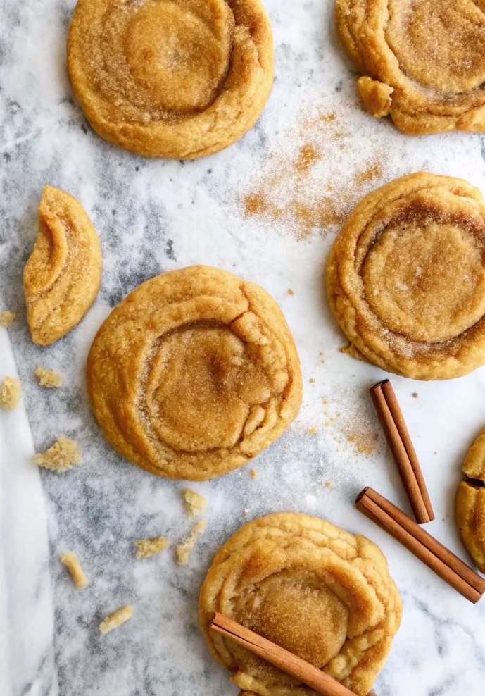 Golden pumpkin snickerdoodle cookies shaped into crispy cones arranged on striped kitchen towel, showcasing fall spiced cookie technique