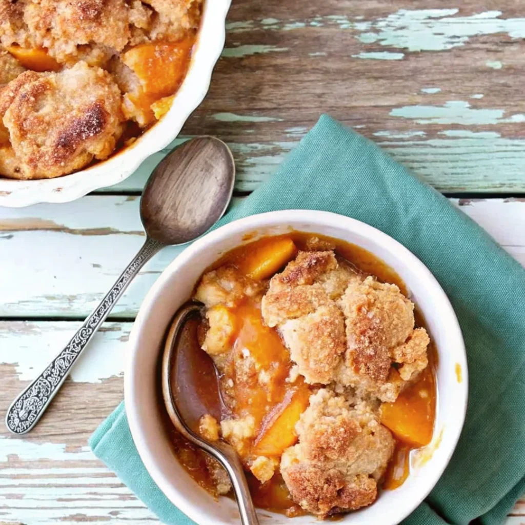 A bowl of Southern peach cobbler with fresh peaches, topped with golden biscuit crust, served on a rustic wooden table with a vintage spoon.