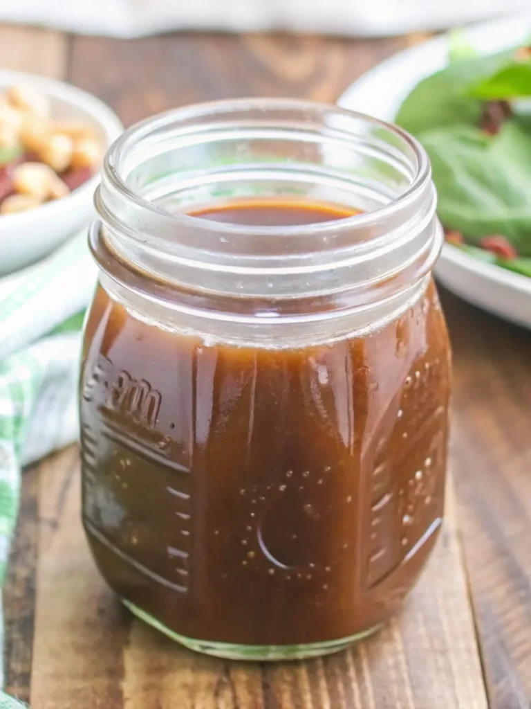 Homemade balsamic vinaigrette in a mason jar with salad and nuts in the background