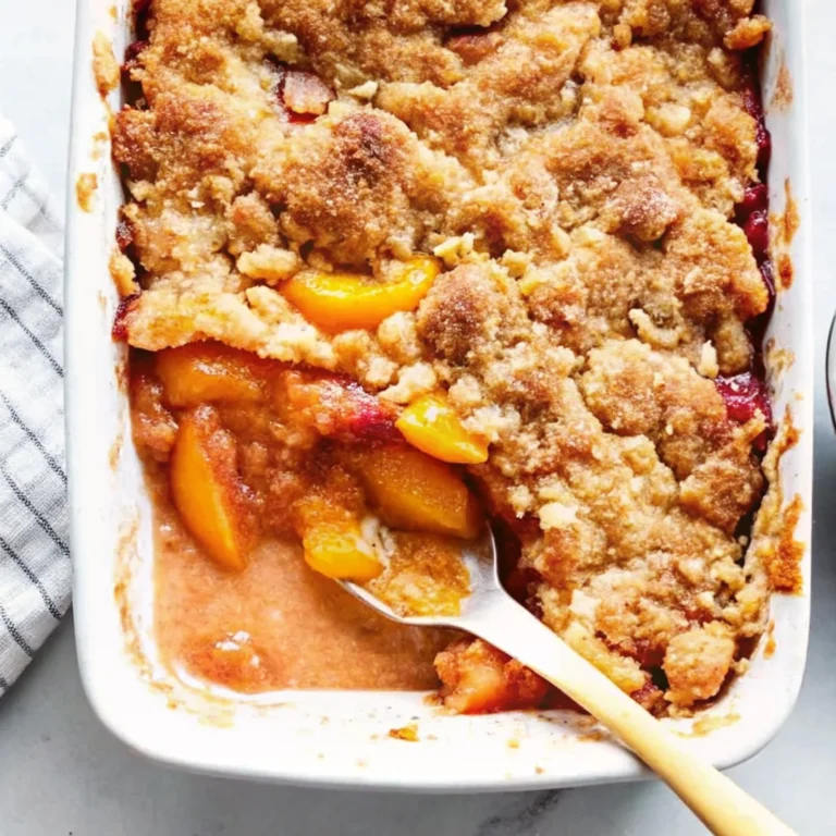 Freshly baked peach cobbler with golden, crumbly topping and juicy peach filling in a white baking dish – the best peach cobbler with fresh peaches.