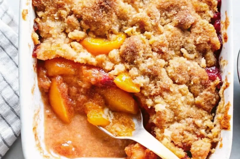 Freshly baked peach cobbler with golden, crumbly topping and juicy peach filling in a white baking dish – the best peach cobbler with fresh peaches.