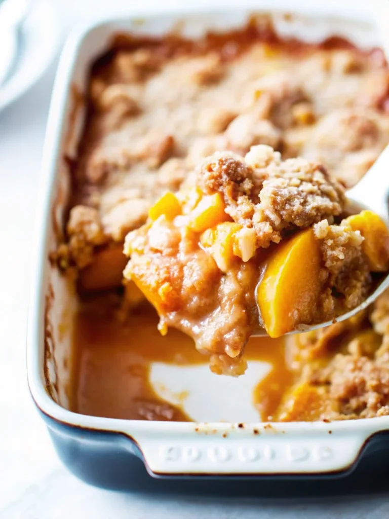 Freshly baked peach cobbler with golden, crumbly topping and juicy peach filling in a white baking dish – the best peach cobbler with fresh peaches.