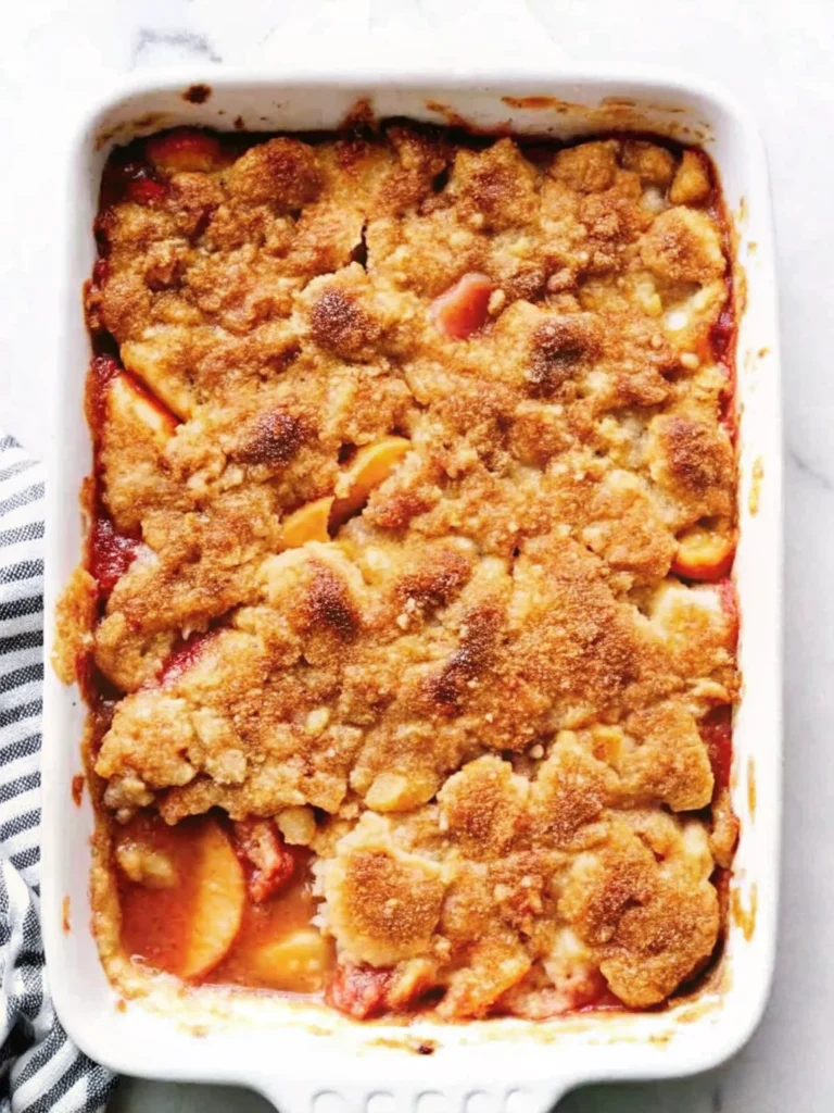 Freshly baked peach cobbler with golden, crumbly topping and juicy peach filling in a white baking dish – the best peach cobbler with fresh peaches.