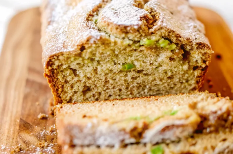 Freshly baked snickerdoodle zucchini bread loaf with a golden cinnamon-sugar crust, sliced to reveal a moist, tender crumb and flecks of zucchini.