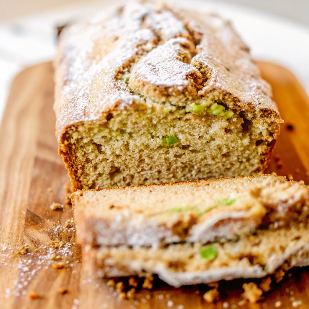 Freshly baked snickerdoodle zucchini bread loaf with a golden cinnamon-sugar crust, sliced to reveal a moist, tender crumb and flecks of zucchini.