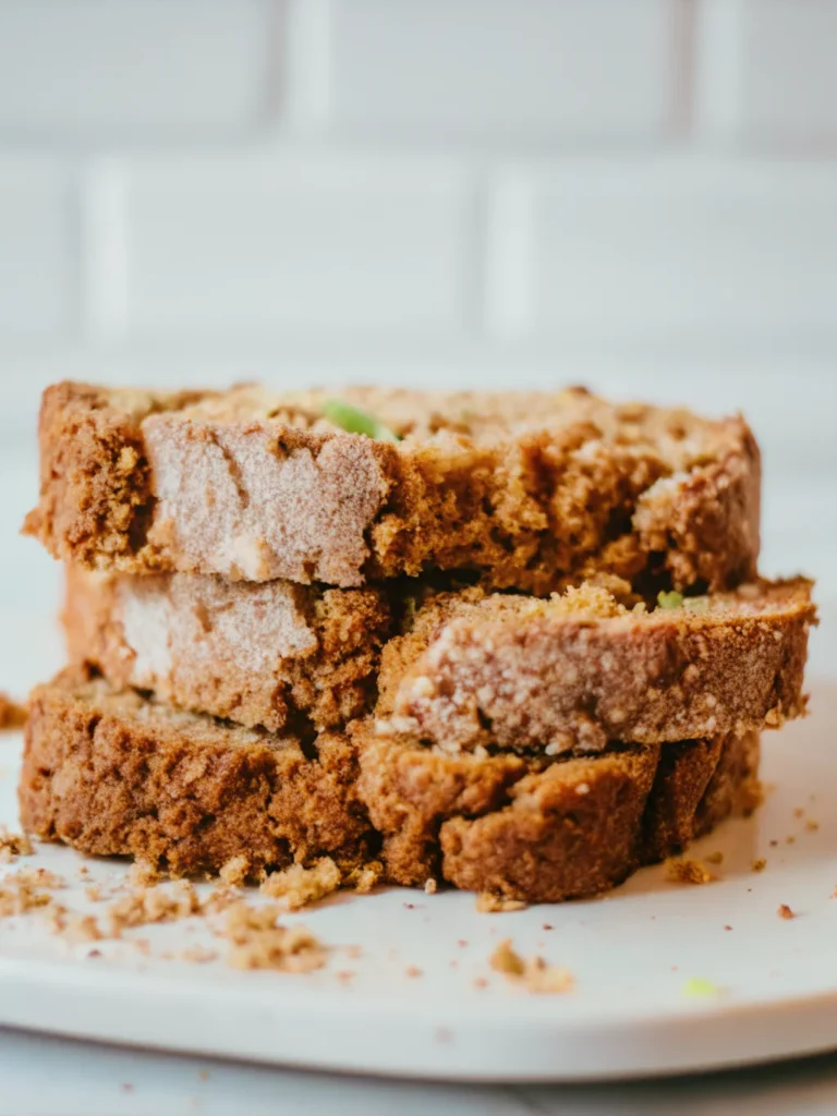 Freshly baked snickerdoodle zucchini bread loaf with a golden cinnamon-sugar crust, sliced to reveal a moist, tender crumb and flecks of zucchini.